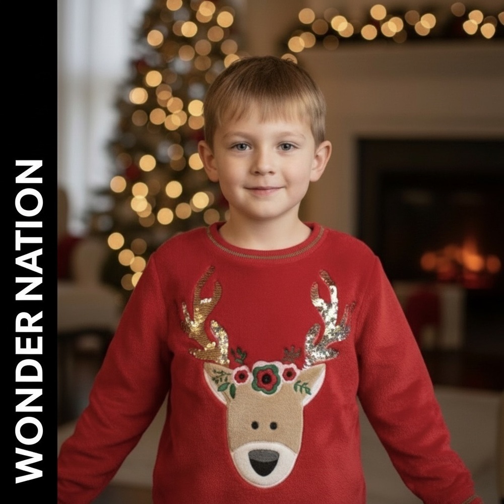 Wonder Nation Festive Red Holiday Reindeer Kids Pull Over Sweater Size XS 4-5